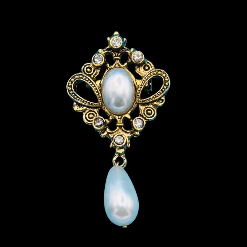 Vintage Gold Tone Rhinestone & Faux Pearl Drop Brooch – Victorian Revival Style