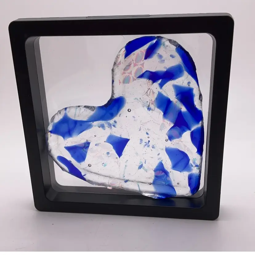 Made by Me! Blue Fused Glass Framed Scrap Heart 4.5” Handcrafted Studio Art