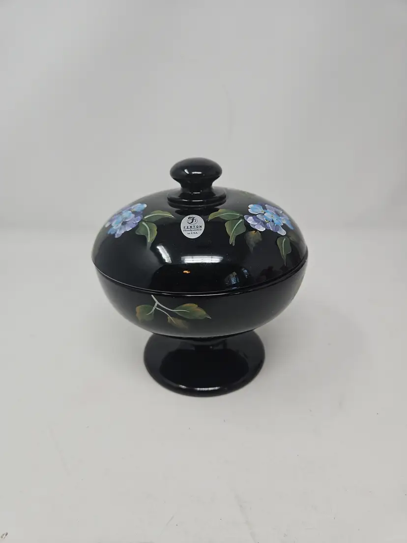 Shelley Fenton Black Glass Covered Candy Dish Hydrangeas