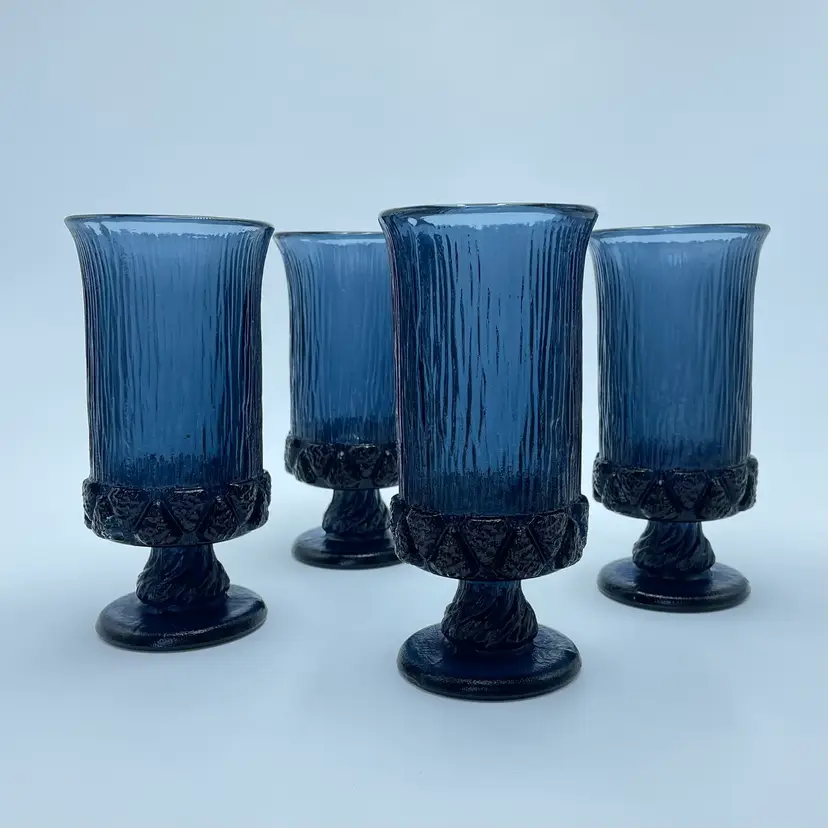 Set of 4 Fostoria Serrento Blue Iced Tea Glasses Gothic Goblets Drinkware