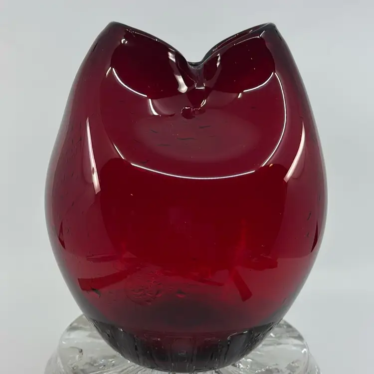 Mid Century Ruby Red Double Pinched Art Glass Vase 6.5”