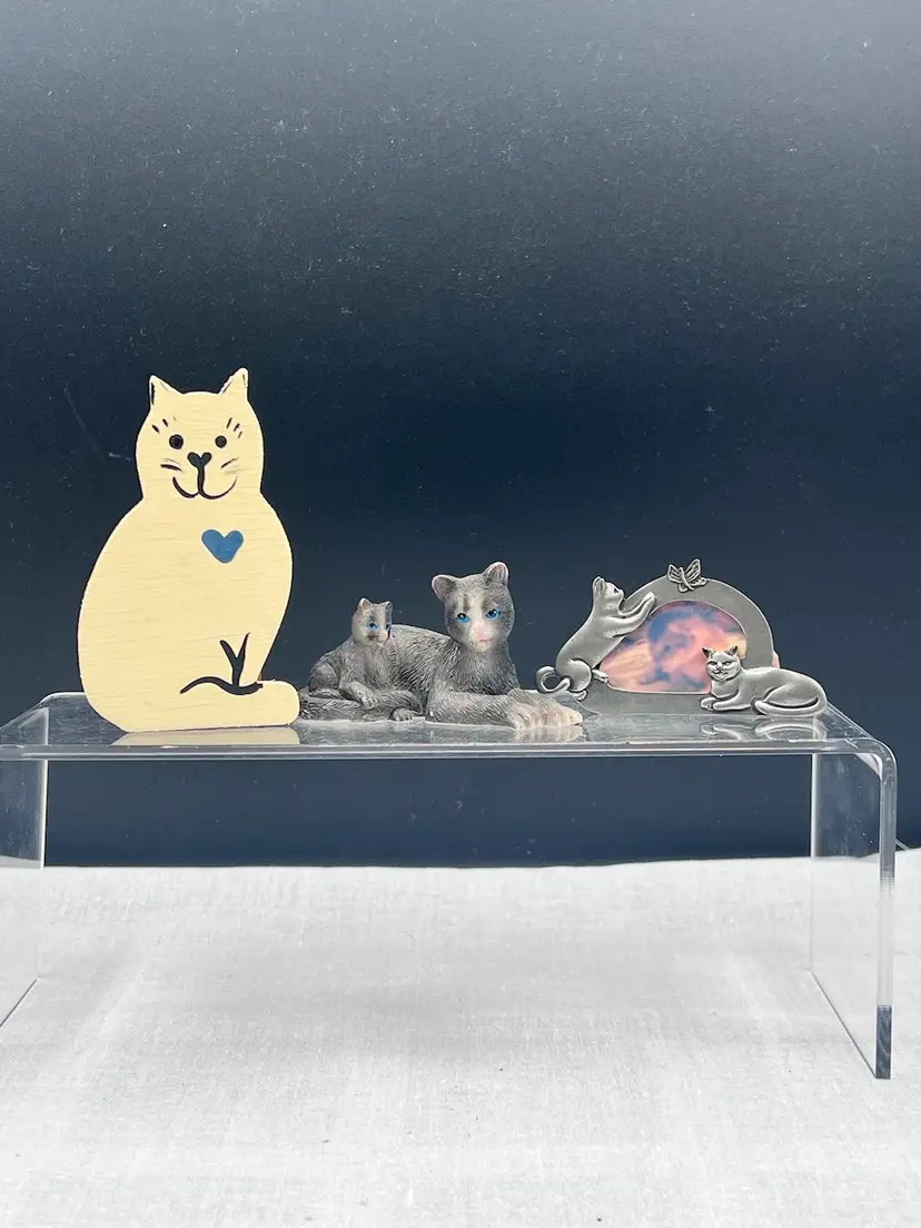 Vintage Cat Lot #2 Includes a Wooden Cat Planter, a Ceramic Mother and Kitten Mini Figurine, and a Pewter Cat Shaped Picture Frame