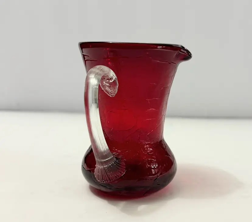 Vintage Ruby Red Crackle Glass Pitcher, 3.5" Hand Blown Clear Handle