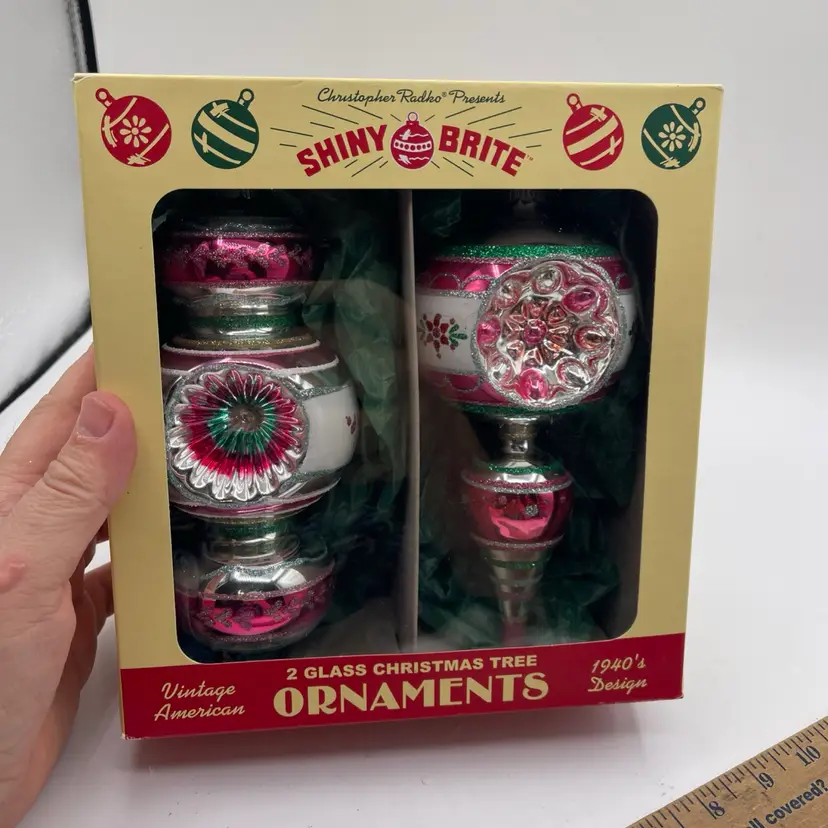 Radko Shiny Brite Silver Green & Pink Finial Ornaments with Reflectors 7” (2)