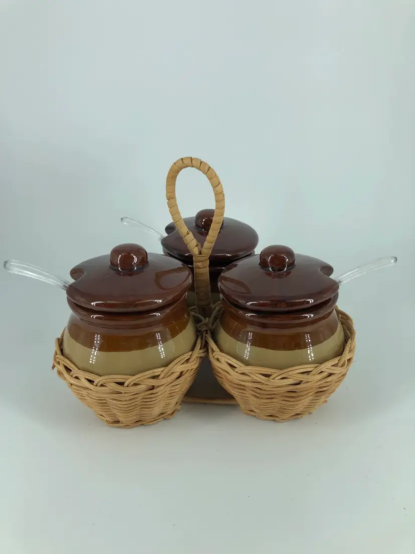 Vintage MCM Rattan Condiment Caddy w/ 3 Stoneware Crocks, Lids, & Spoons