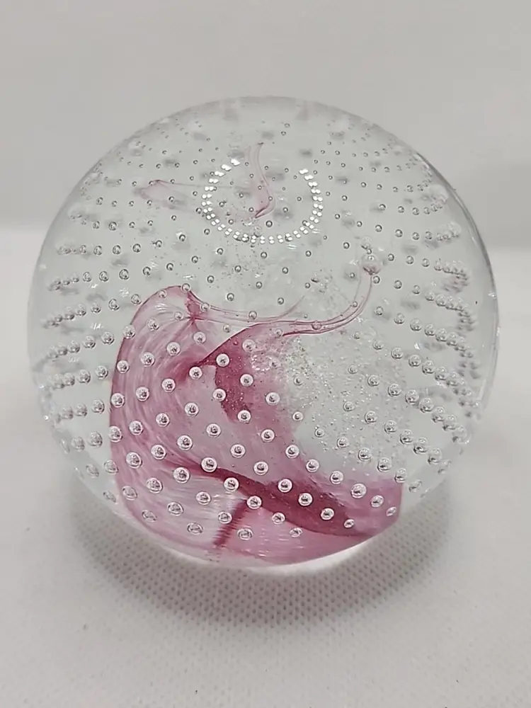 Caithness Hand Blown Glass Paperweight Pink Champagne Bubbles-Scotland Marked
