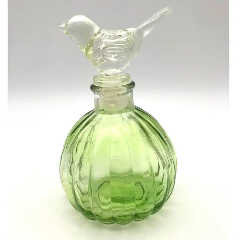 11 - Green Glass Perfume Bottle With Bird Stopper