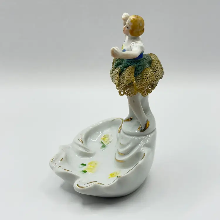 Vintage 1950’s Dresden Style Ballerina Stiff Lace Tutu A Top Trinket Dish, Hand-Painted Porcelain, By J B Betson’s China, Made in Japan