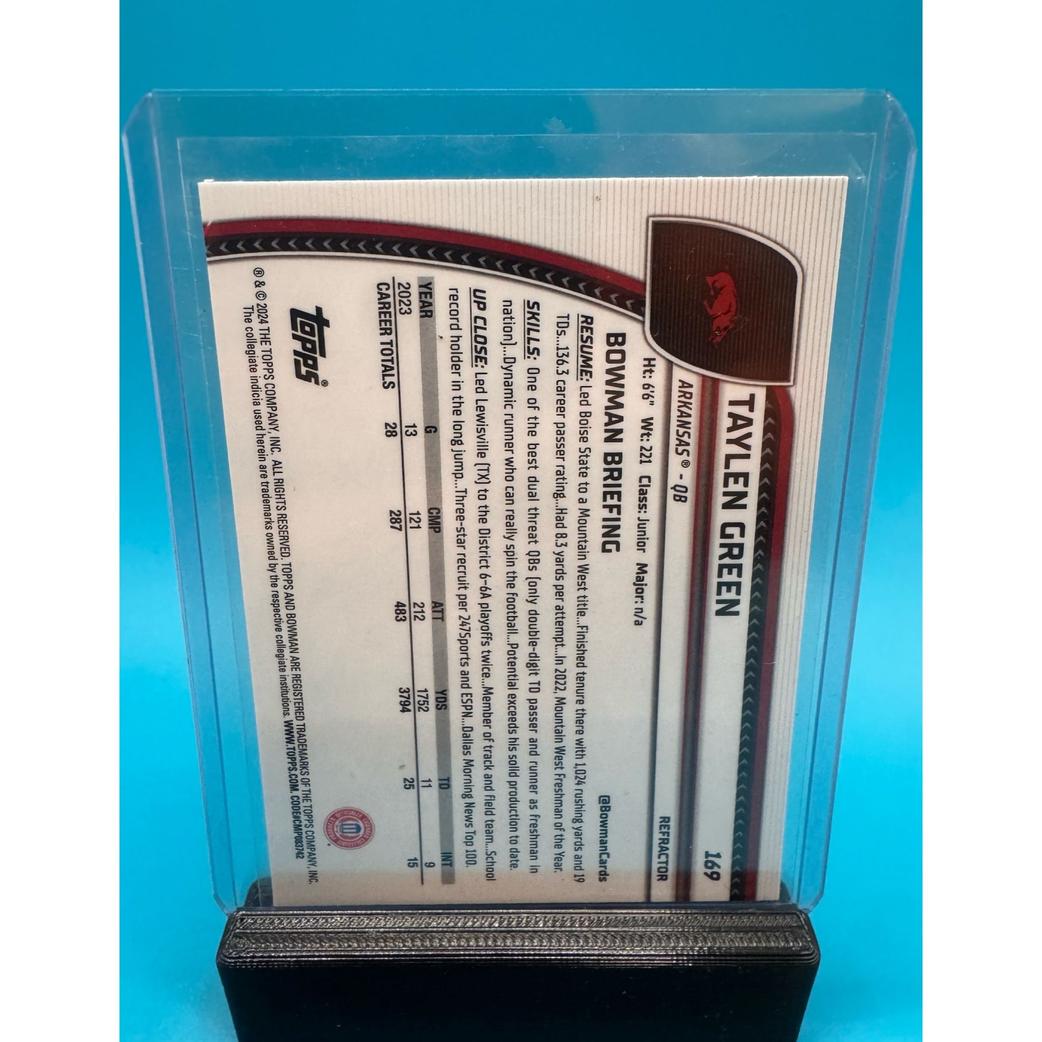 Taylen Green Bowman Chrome U Refractor Arkansas Razorbacks and