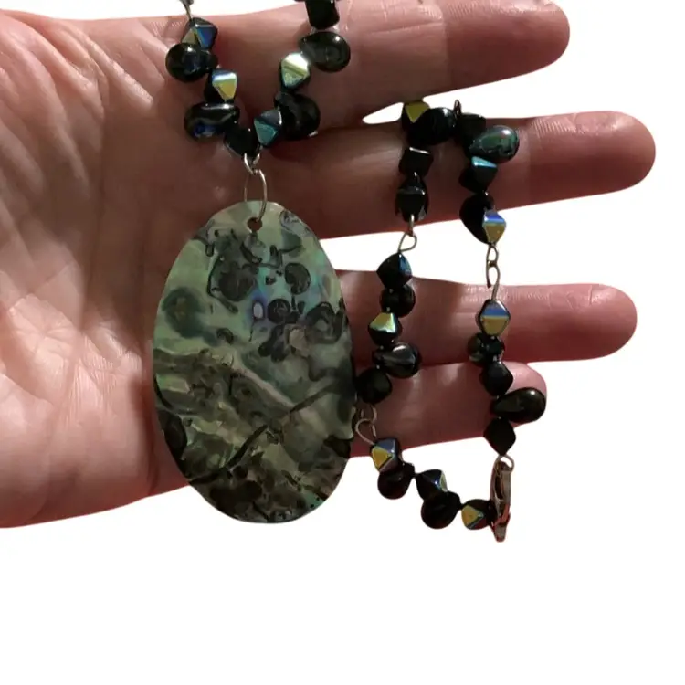 Gorgeous Set Of Two Shell  Necklaces. One With Large Round Mop Shell & Tiny Shell Beaded Chain. Other Necklace ~ Iridescent  / Oil Slick  Look Glass Beaded Chain With Large Oval Abalone Pendant. Both So Gorgeous!!!