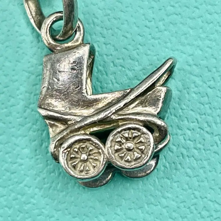 Vintage Genuine Links of London Sterling Silver Sweetie Elastic Bracelet Baby Theme w 3 Charms, Pacifier, Pram/Stroller, Heart - Hallmarked