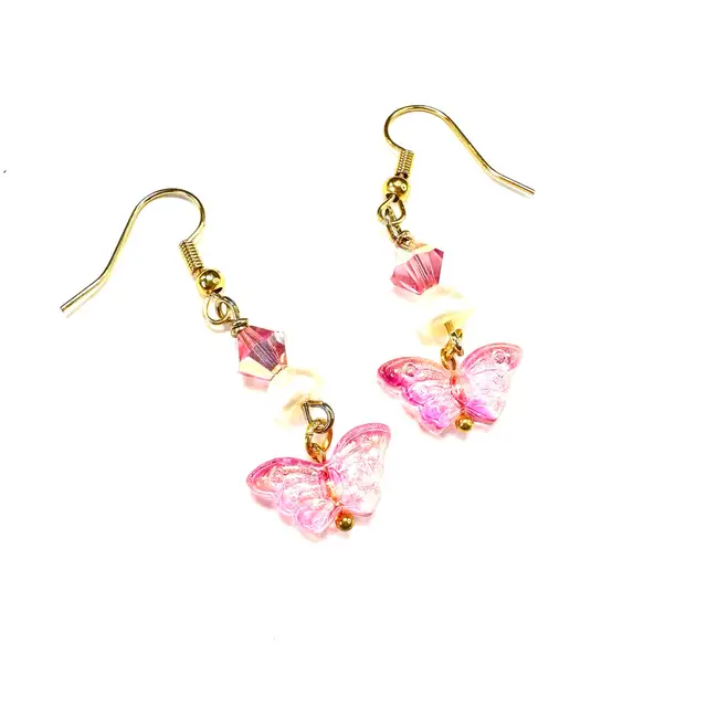 Butterfly Pink Glass Charm Glass Accent Beads Gold Tone Handmade Dangle Earrings 1.75”L Made By Me