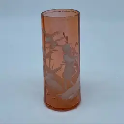 #0428 Apricot glass tumbler Mary Gregory with white enamel decoration.