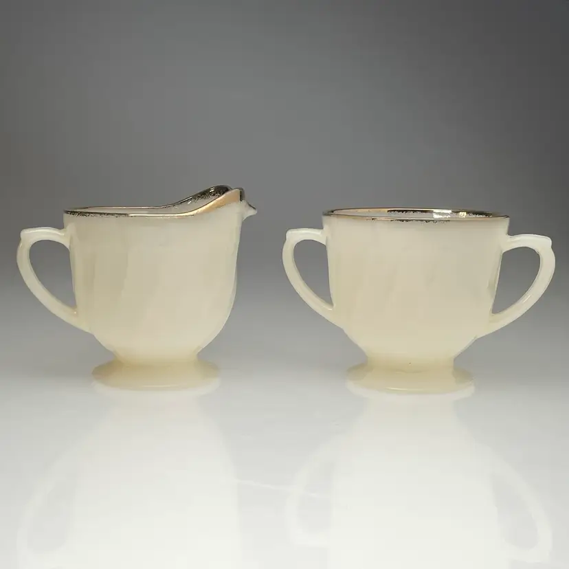 Fire King Anchor Hocking Milk Glass Creamer & Sugar Swirl Gold Gilt Rim Vintage