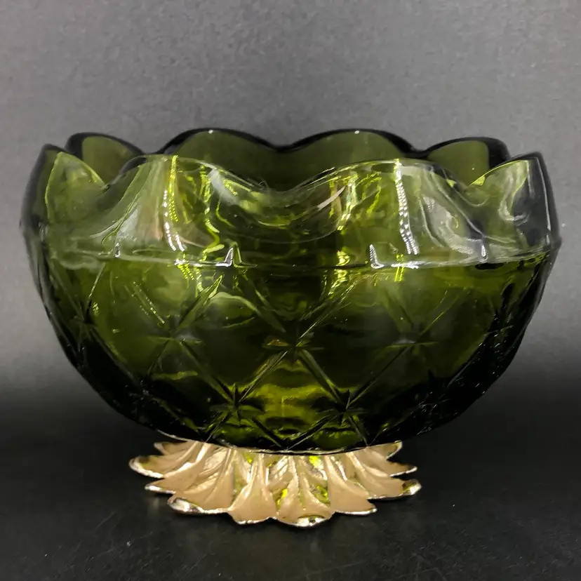 Vintage Indiana Glass Green Duelte Footed Bowl Metal Base Candy Dish