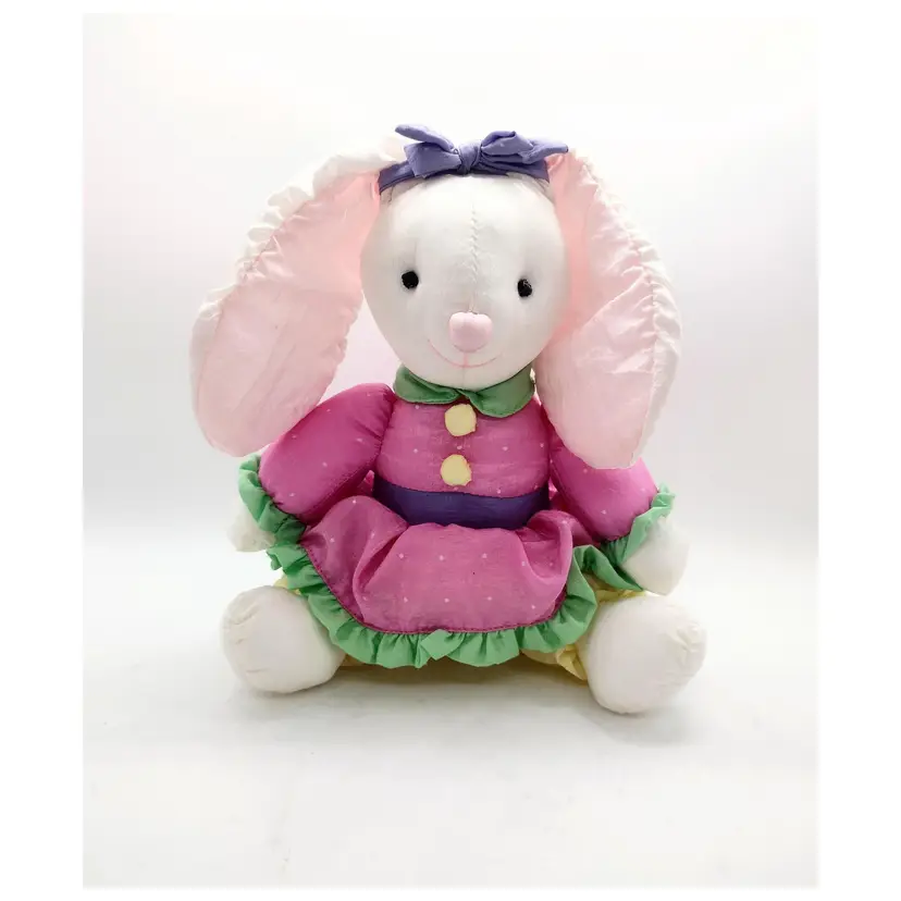Vintage Russ Berrie Nylon Puffy Stuffed Bunny Rabbit Plush 7.25 in Easter Dress