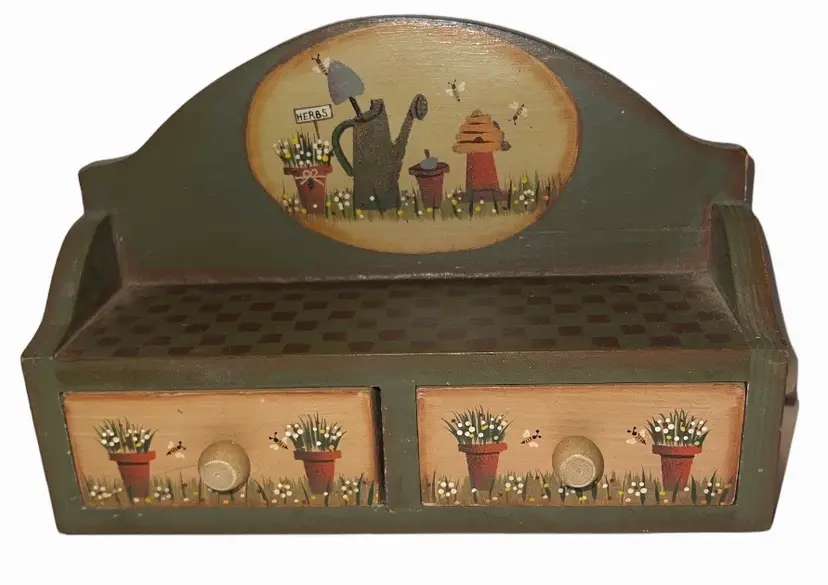 Vintage Hand Painted Wooden 2 Drawers Miniature Spices Chest Trinket Jewelry Box