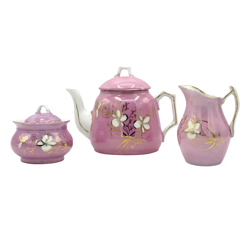Vintage Children's 3 piece Hand Painted Pink Floral Design Ceramic Tea Set