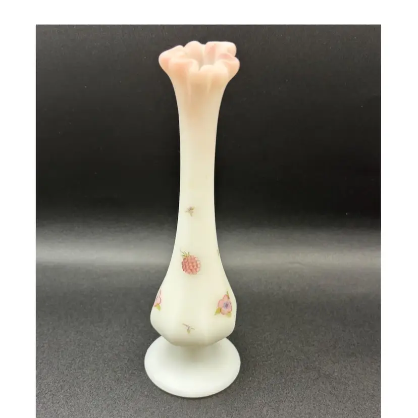 Hand Painted Fenton "Berries And Blossoms" Bud Vase Signed