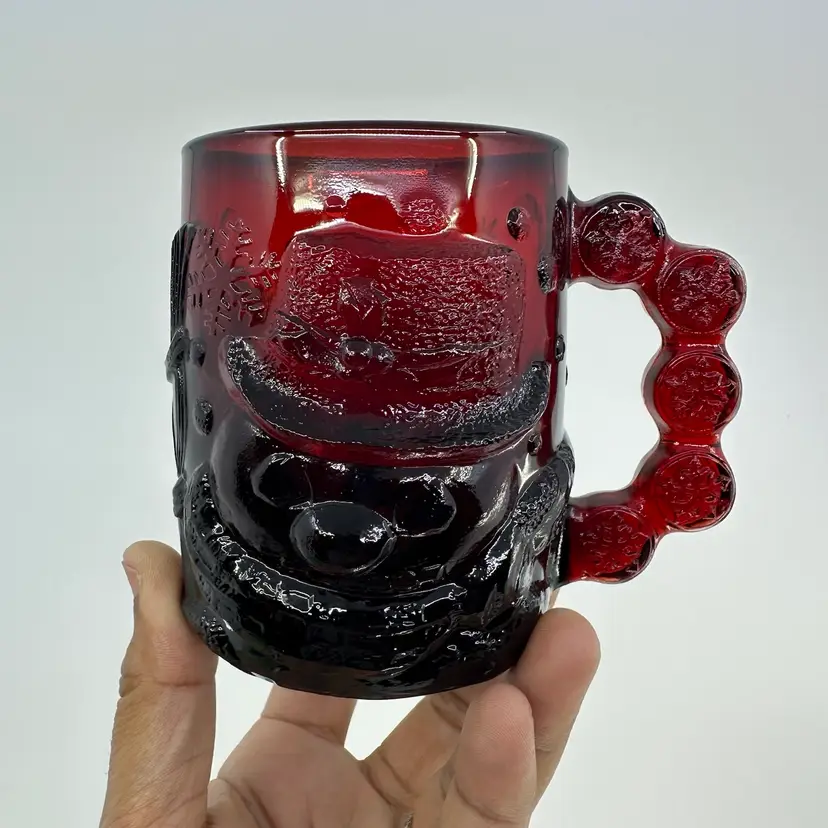 Vintage Arcoroc France Mug Ruby Red Embossed Glass Snowman