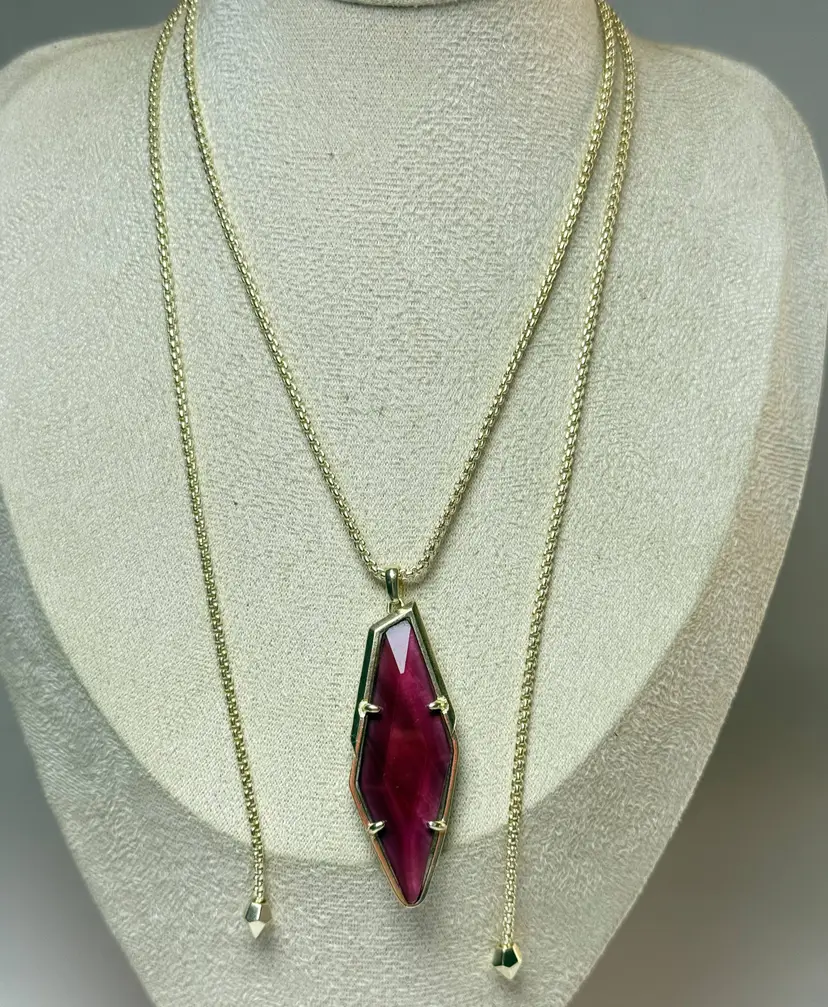 Kendra Scott 34" Damon Necklace Dark Magenta Illusion Adjustable Bolo Gold Tone