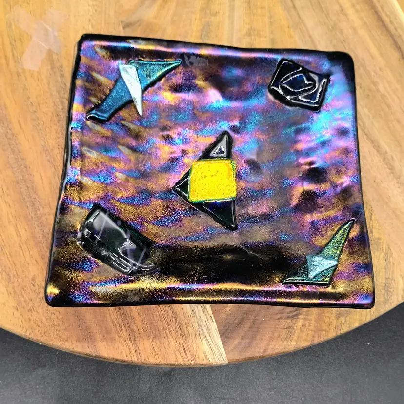 Fused Glass Textured Trinket Dish Square with Dichroic and Black Glass 5 x 5".