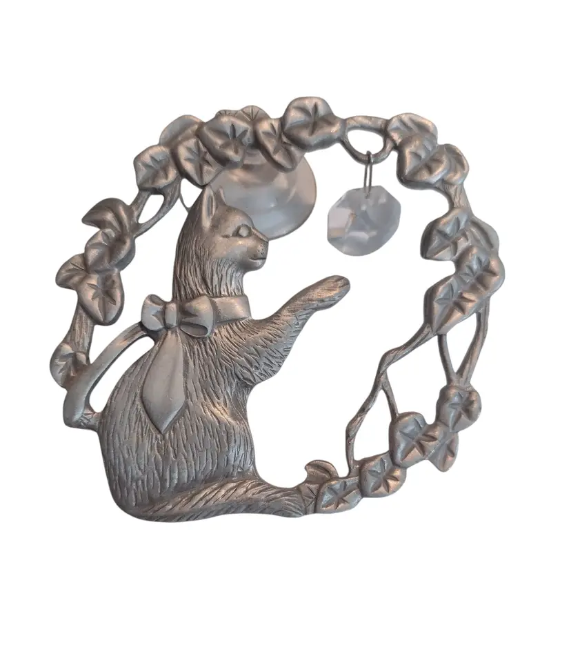 Fine Pewter Cat Suncatcher Window Suction Cup Faceted Crystal Vintage Vines