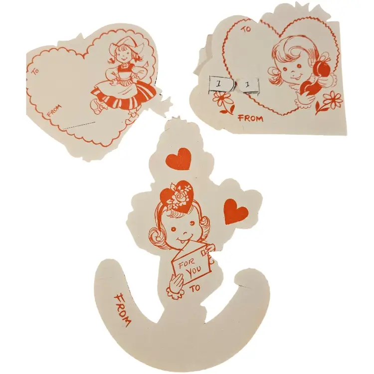 vintage Valentine's Day die-cut cards, likely from the 1930s to 1960s