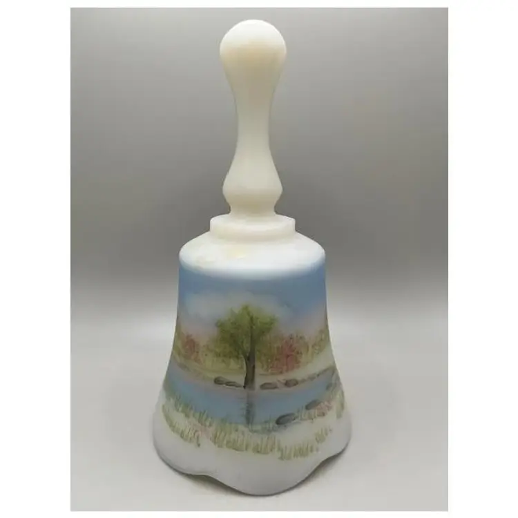 #02 Vintage Fenton Bell Hand-Painted and Signed By J. Cutshaw ~ Cottage Scene ~ 6.5 inches tall