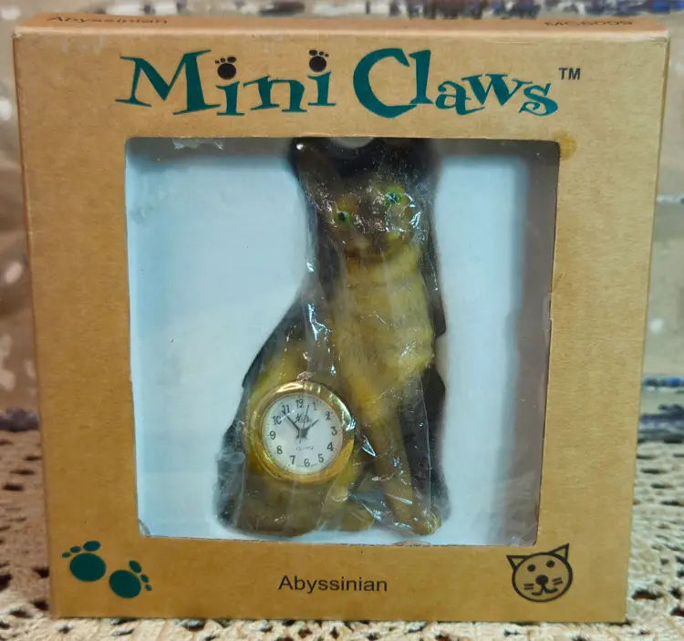 2002 Hand Painted Abyssinian Cat Desktop Quartz Clock by Mini Claws NOS