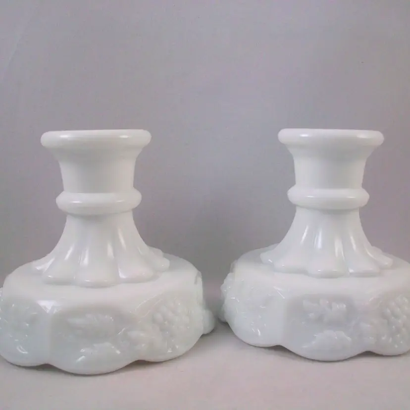 Westmoreland White Milk Glass Panel Grape Pattern Taper Candle Holders 4"