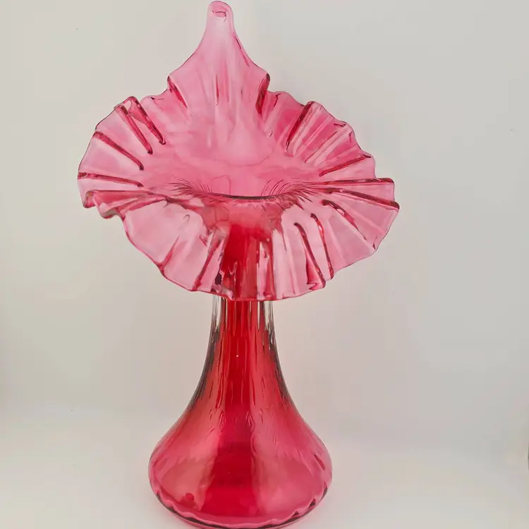 Vintage Fenton Ruffled Cranberry Jack in the Pulpit Glass Vase just under 11'