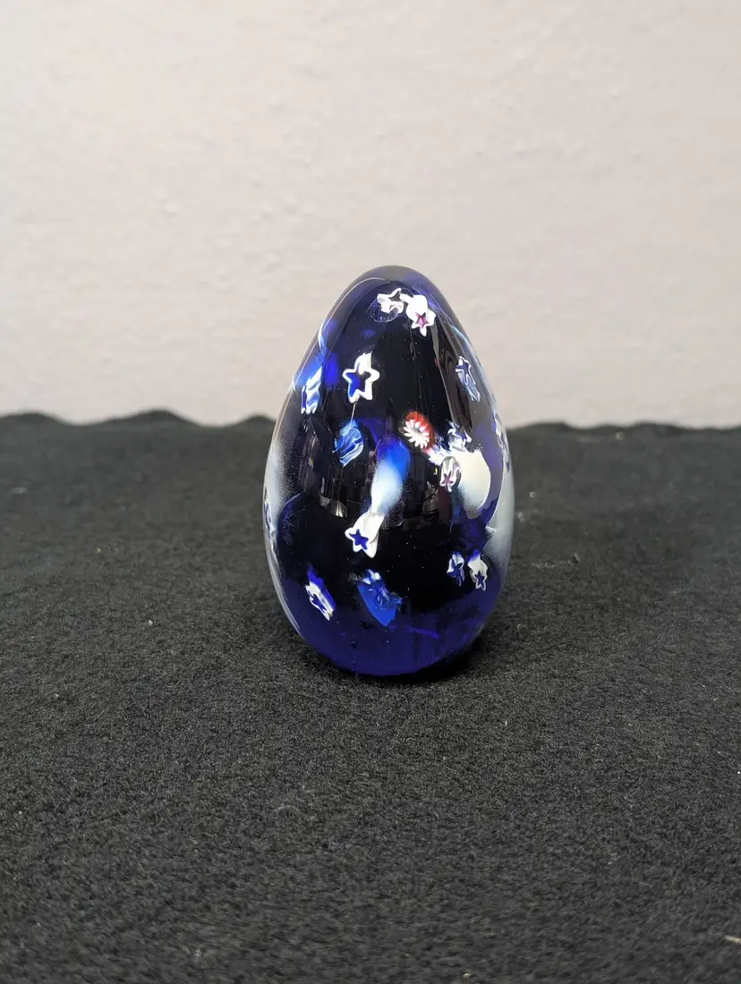 Vintage Hand Blown Cobalt Blue & Millefiori Stars Teardrop Art Glass Paperweight