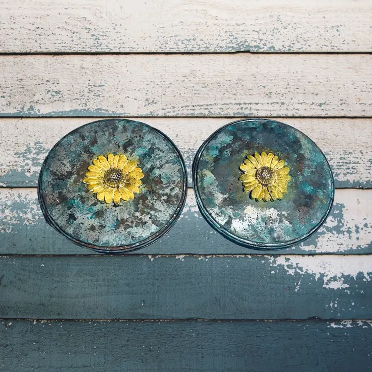 Upcycled Hand Painted Patina Rusty Crusty Metal & Clay Sunflower Farmhouse Country Wall Hangings Rustic Primitive Made By Me Drnksuzy OOAK Original