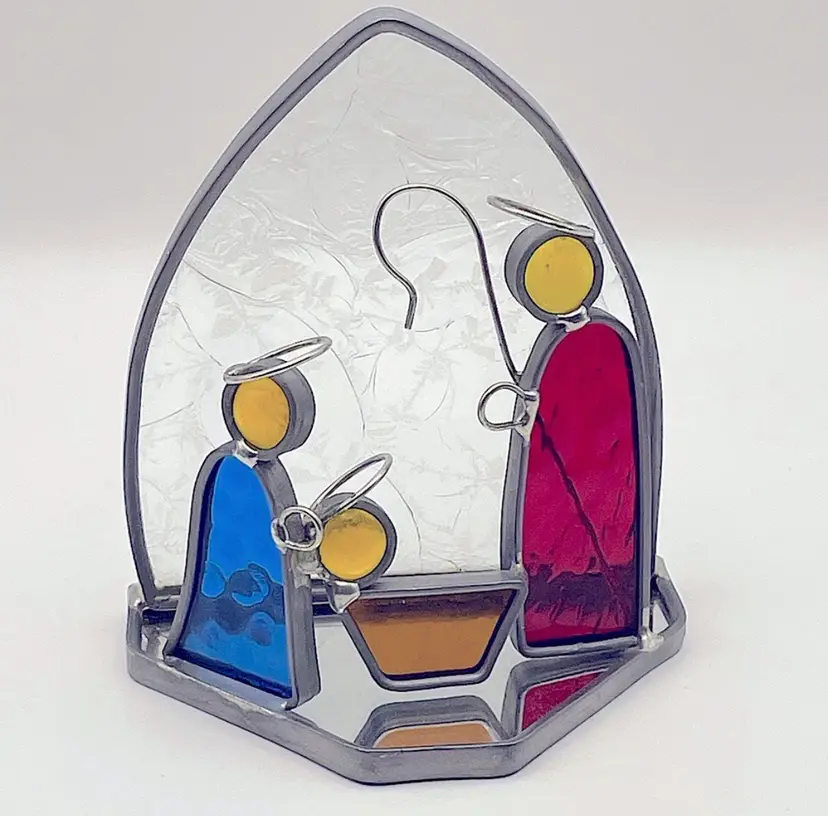 Stained Glass, Manger Scene, Baby Jesus, Mary, Joseph. Christmas! Textured Clear Glass, Signed