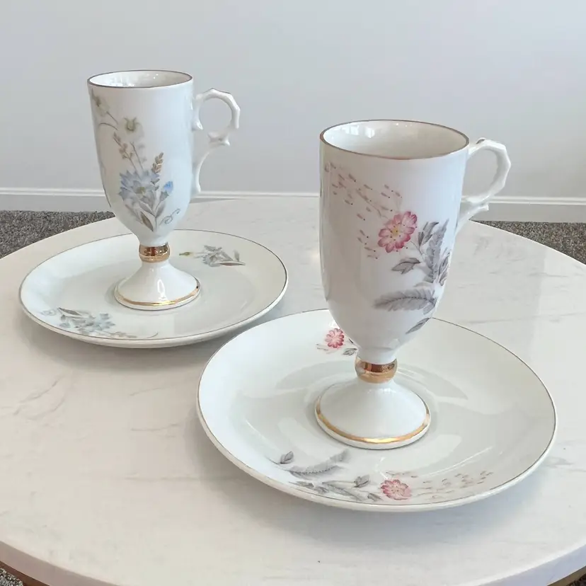 Vintage Napco Japan Floral Porcelain Pedestal Demitasse Cup Saucer Set of 2
