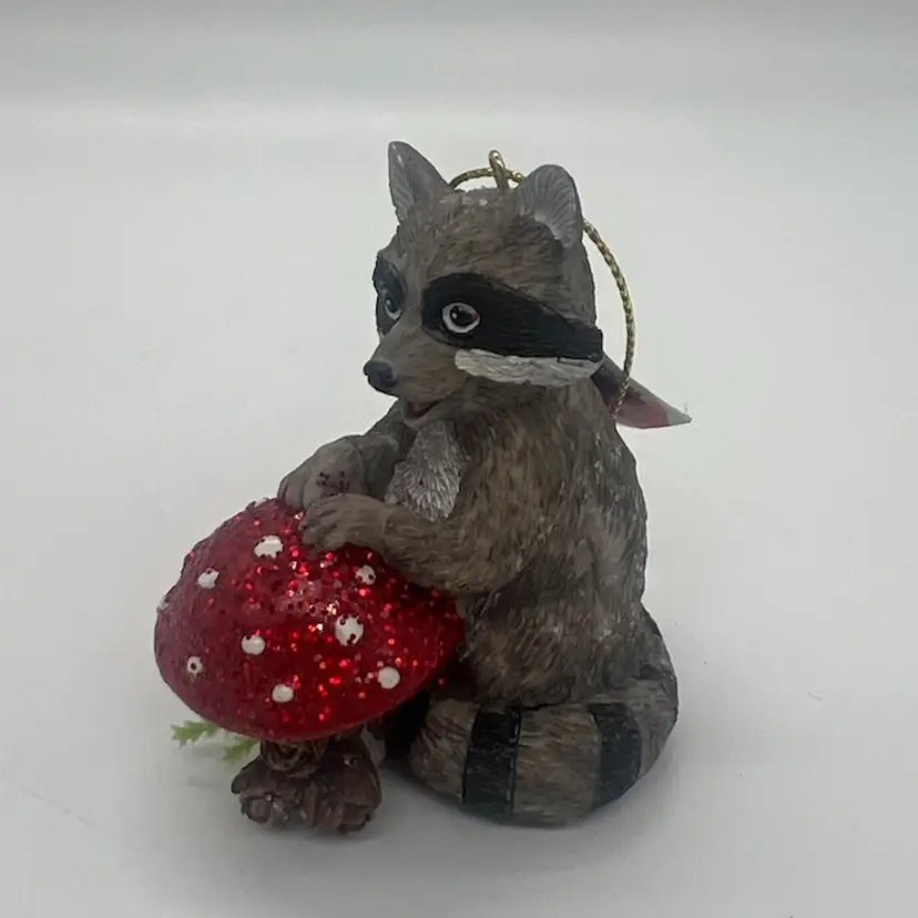 Kurt Adler Raccoon Mushroom Christmas Ornament Sparkly Woodland Toadstool