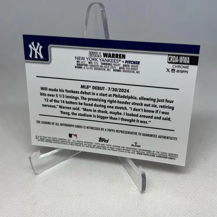 2025 Topps Chrome Update WILL WARREN Rookie ON CARD AUTOGRAPH! Purple 244/250 New York Yankees