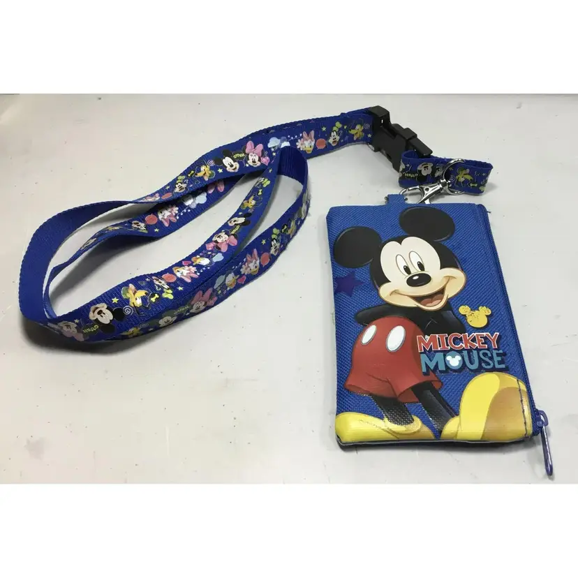 Vintage, Disney fast pass holder/wallet & lanyard, zippered, blue, Mickey Mouse