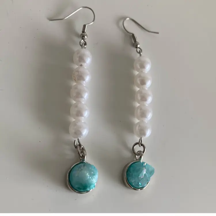 1990’s Aqua Druzy Agate Dangle Earrings With Pearl Beads