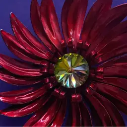 Wonderful Vintage Metallic Red Colored Enamel Flower Brooch ~ With Gorgeous RIVOLI Stone In The Center ~ In Very Good Condition ~ Large
