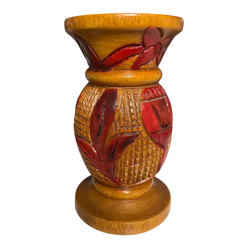 Vintage Boho Tiki Hand Carved Turned Wood Pedestal Vase – Floral & Leaves, Signed, 6" x 3.5"