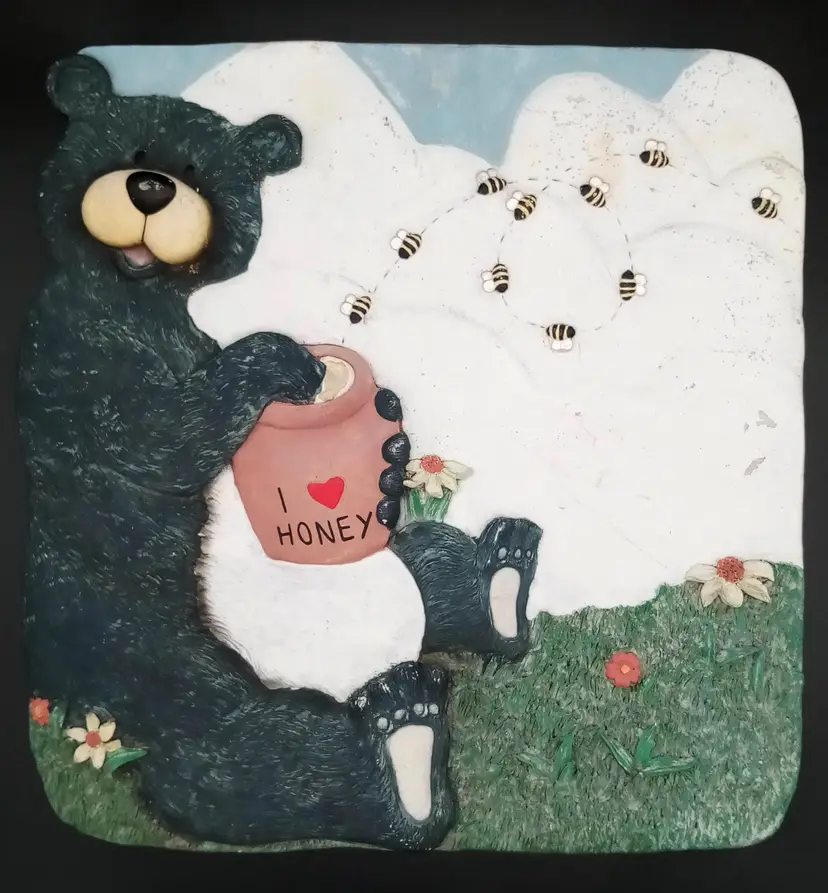 Whimsical Honey Bear Plaster Stepping Stone, Honey Bees, Raised Relief Image