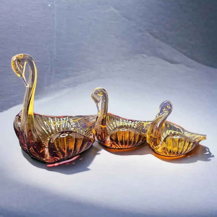 Hand Blown Amber Glass Nesting Swans