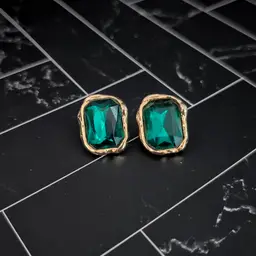 Vintage Stud Earrings Elegant Green Gem with Ornate Gold Tone Halo