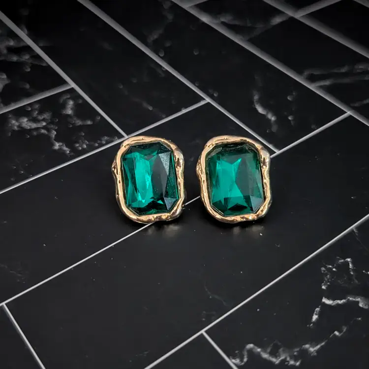 Vintage Stud Earrings Elegant Green Gem with Ornate Gold Tone Halo