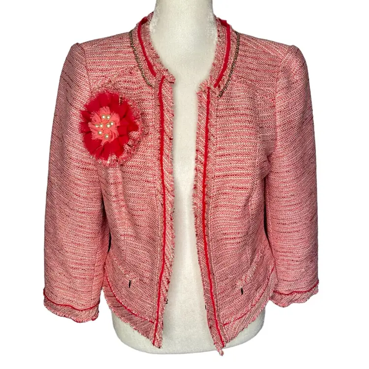 WHBM Pink Tweed Flower Pin Women’s Blazer Size 4