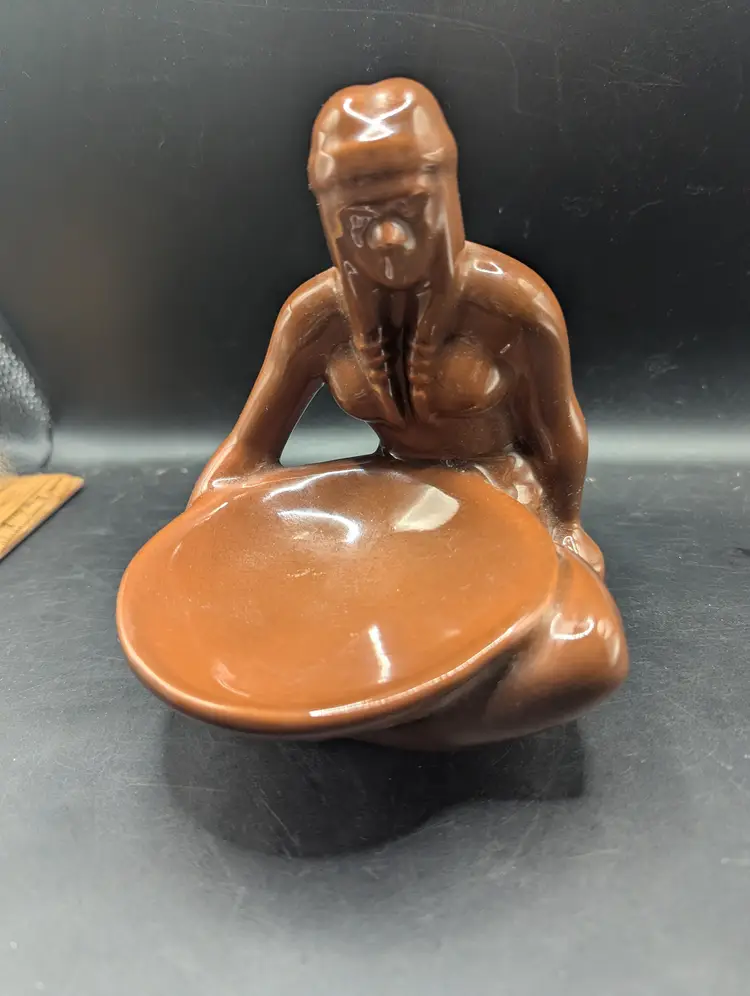 Vintage Mid Century Frankoma Pottery No. 123 seated Native American Maiden With Bowl, Designed by Cherokee Sculptor Willard Stone.