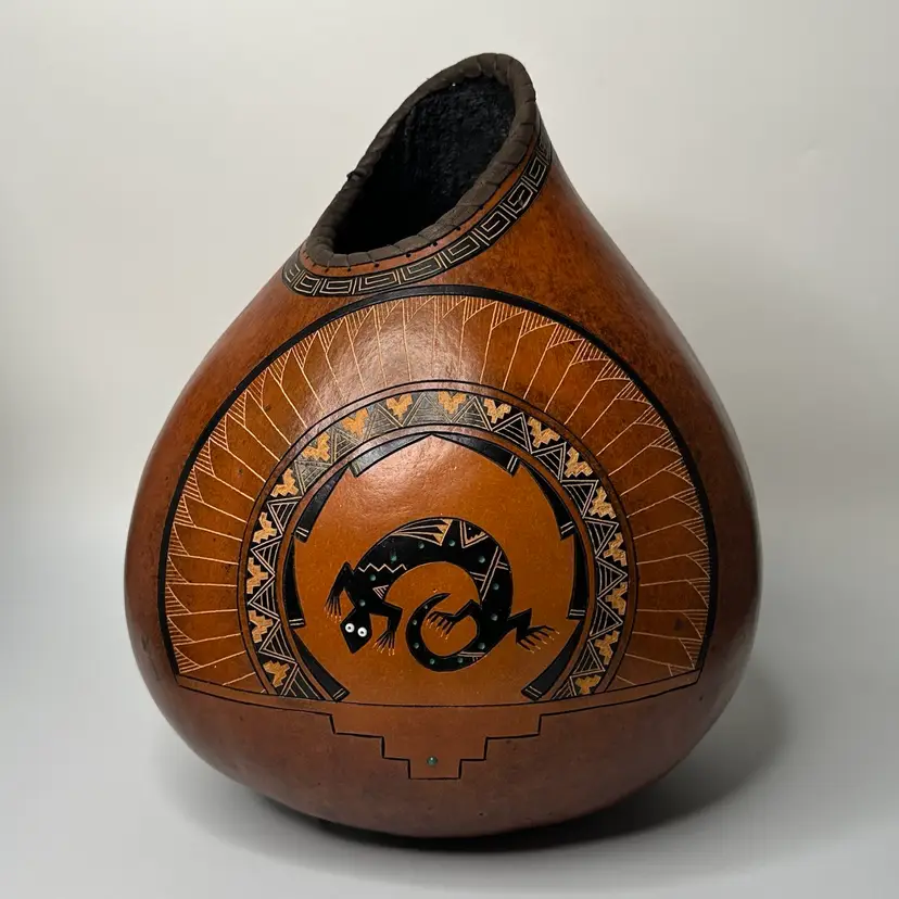 John Gibson Hand Etched & Painted Gourd Art Pot Signed