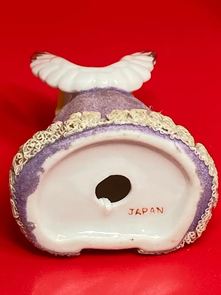 Vintage Miniature Porcelain Praying Angel w/ Flocked Laced Purple Cape